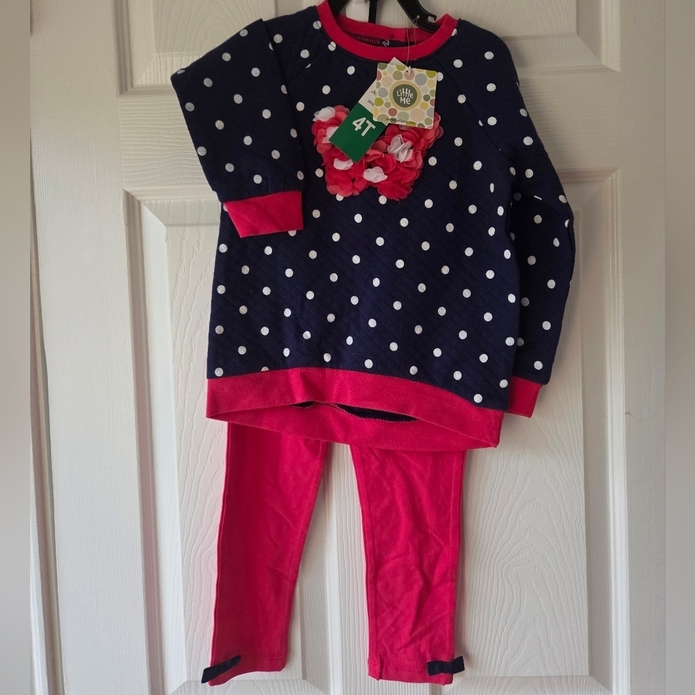 Little Me Girl's Set 12 Months & 4T Polka Dot Floral Navy and Pink Bows NWT
